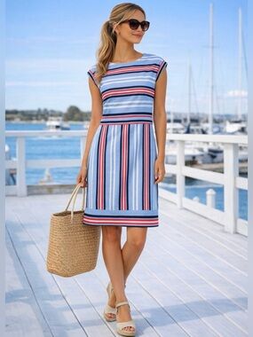 Love Moschino Nautical Stripe Dress Blue Red White Cap Sleeve Preppy Resort~10🧡